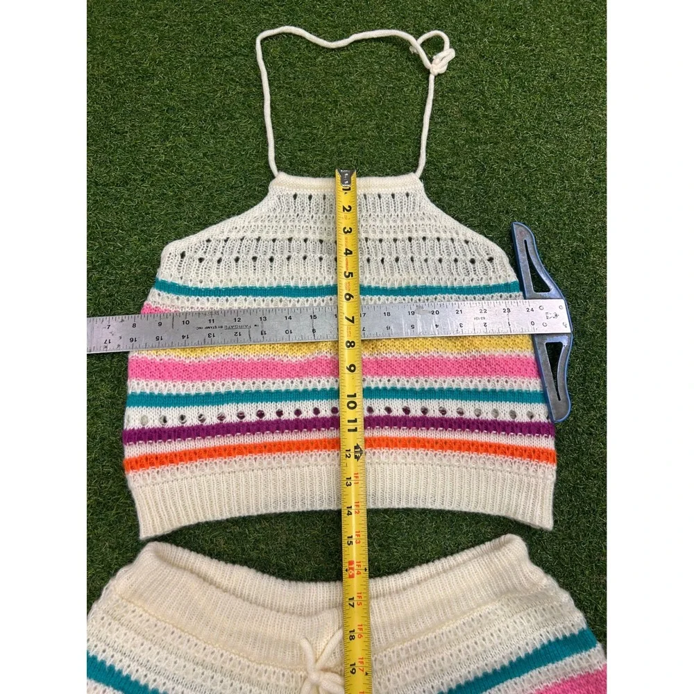 Boho Multi Color Striped Crochet Knit 2 Piece Set Halter Top and Shorts Large